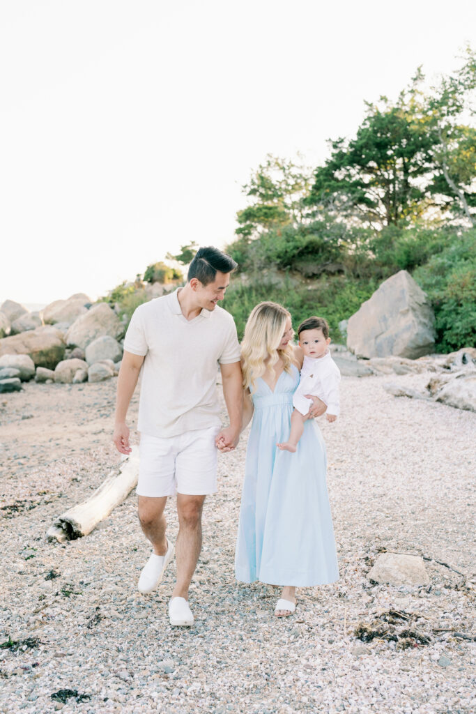 Candid family portraits on the Connecticut coastline at Hammonasset Beach with warm summer tones. Soft coastal light, Madison CT