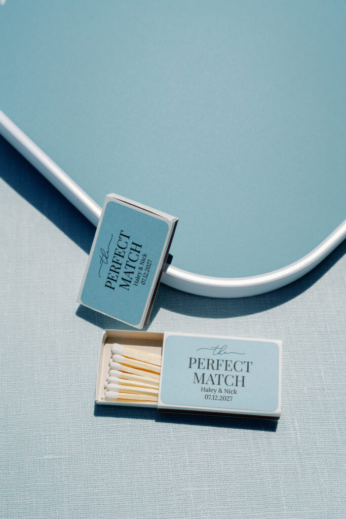 Close up photo of personal matches for the wedding, blue, Romantic engagement session featuring couple playing pickleball together