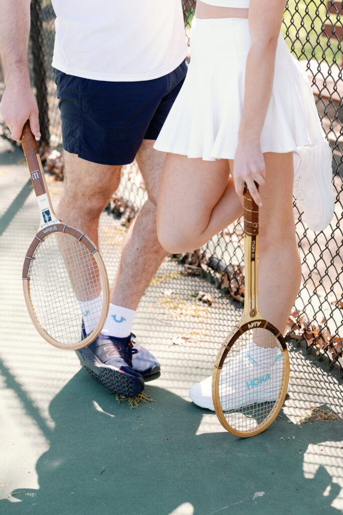 Romantic New England engagement photos of couple playing pickleball